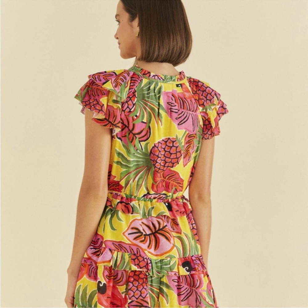 Farm Rio • Ruffle Mini Dress • Yellow Fruit Dream • XS • Beaded Tassels • $180 - Picture 3 of 14